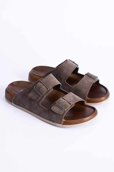 Polomia Comfort Dustin Men's Double Band Buckle Suede Leather-Look Anatomical Casual Daily Slippers