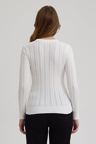 hateko Γυναικείο πουλόβερ από 100% βαμβάκι, λευκό, με λαιμόκοψη, πλεκτό με μοτίβο