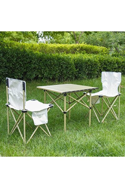 Yuwell طاولة تخييم محمولة قابلة للطي من يو ويل مع كرسيين، 53×50×50 سم، لون بيج