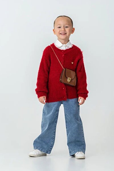 Minigimin Cicileri My Little One's Soft Textured Heart Detailed Cardigan and Wide Leg Jean Girls' Combination - Red