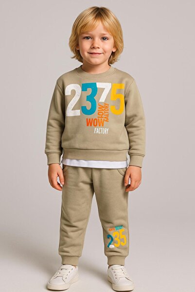 RAPAPA Boy's 3 Thread Ş Fleece-Lined B Printed Tracksuit Set - Green - 10728