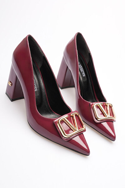 AleWomen Walkey Burgundy Patent Leather Gold W Buckle Thick Heel Women's Shoes