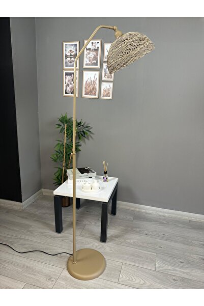 Bamyum Bohem Recycle İplik Jüt El Yapımı Hasır Lambader Hareketli Başlık Bej Metal Zemin Lambası