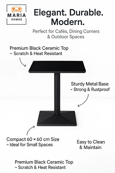 MARIA HOMES Modern Black Square Dining Table for Home, Café, Office & Restaurant Use – 60×60 cm