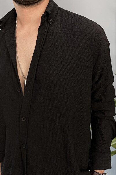 Alışveriş Sokağı Crinkle Fabric Oversized Soft Textured Blue Shirt