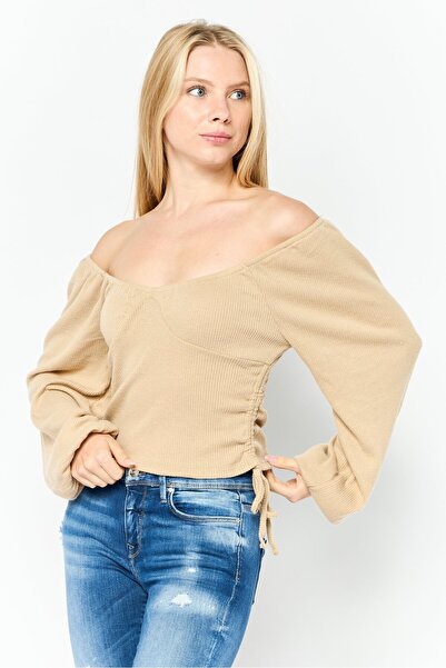 Poof Women Off Shoulder Long Sleeve Ribbed Blouse, Beige