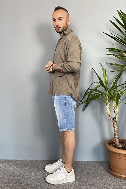 Alışveriş Sokağı Crinkle Fabric Oversized Soft Textured Blue Shirt