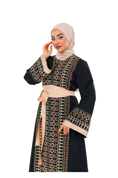 Zaytoon Women's Dress – Black Palestinian Embroidered Women's Dress with Satin Belt