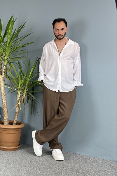 Alışveriş Sokağı 100% Cotton Textured Linen Oversized Long Sleeve White Shirt