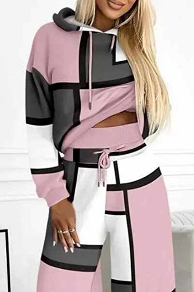 Mossta Hooded Patterned Two Thread Blouse Pants Double Suit - Pink