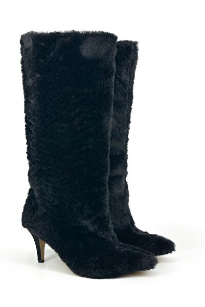 Shoebutik Yovana Black Plush Knee-High Women's Heeled Boots