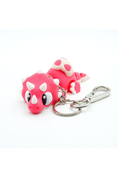 OEM Dinosaur Keychain, Baby Triceratops, Articulated Figurine, 3D, Pink