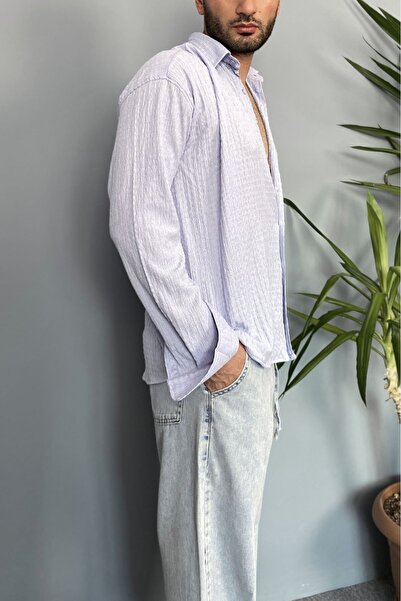 Alışveriş Sokağı Crinkle Fabric Oversized Soft Textured Blue Shirt
