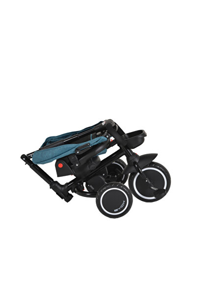 byox Cruz Turquoise folding tricycle for children with 360 degree rotating seat, adjustable backrest, cover