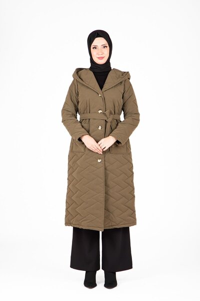 Beyza Καπιτονέ Χακί Παλτό με Ζώνη 9494