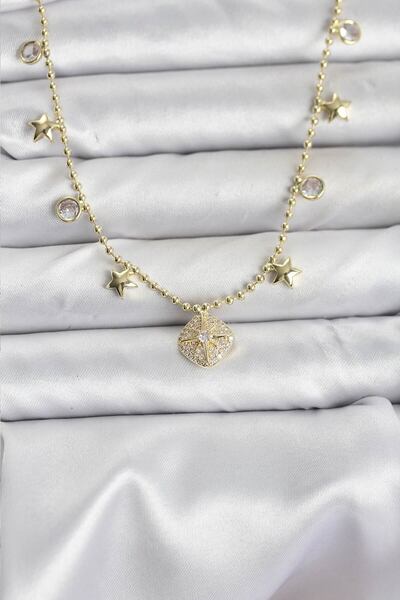 STİLLOVE قلادة نسائية من النحاس بلون ذهبي مرصعة بحجر الزركون على شكل نجمة القطب