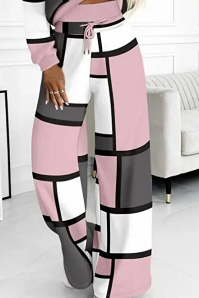 Mossta Hooded Patterned Two Thread Blouse Pants Double Suit - Pink