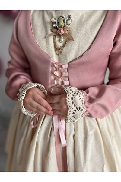 Sare Çocuk Giyim Girl's Premium Deluxe Powder Pink Lace-Up Vest Detailed Special Occasion Cosplay Dress + Buckle