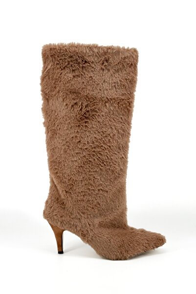 Shoebutik Yovana Biscuit Color Plush Below-The-Knee Women's Heeled Socks