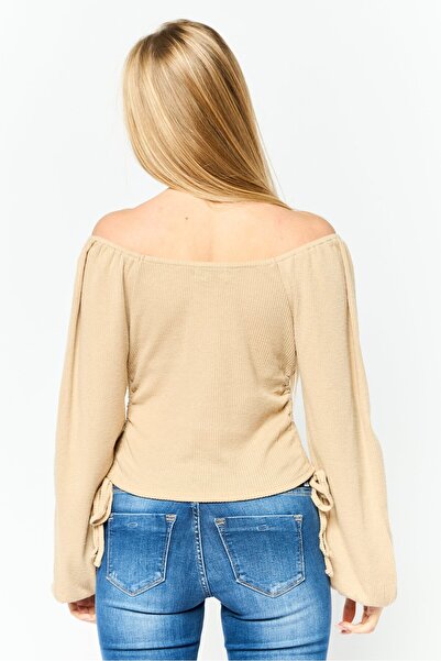 Poof Women Off Shoulder Long Sleeve Ribbed Blouse, Beige