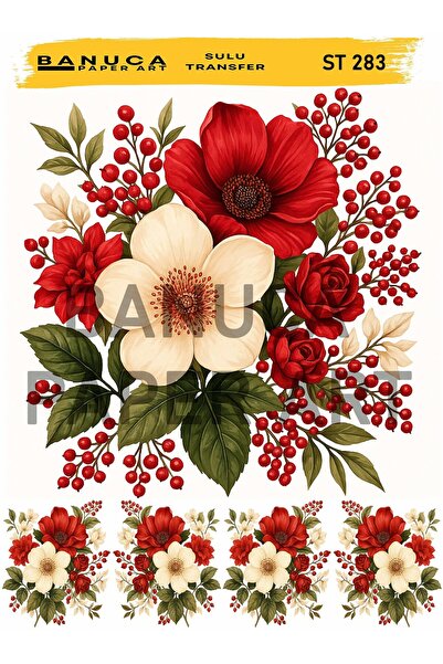 Banuca Paper Art ST283 Kırmızı Beyaz Çiçek Desenli 25*35 cm Açık Zemin Sulu T...