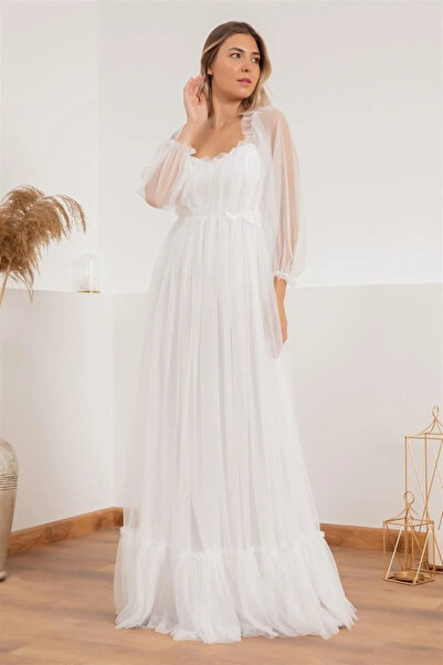 AZRA BUTİK White Guipure Tulle Evening Dress
