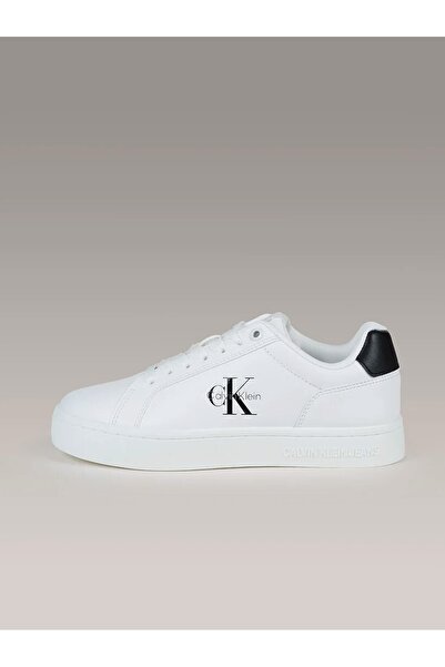 Calvin Klein Kadın Deri Bağlamalı Düz Taban Yuvarlak Burun Ck Desenli Beyaz Sneaker YW0YW01902-01W