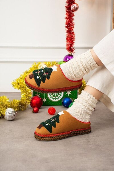 STOCON Noelia Taba Christmas Tree Embossed Embroidered Silent Sole Christmas Gift Slippers House Slippers Stc1189