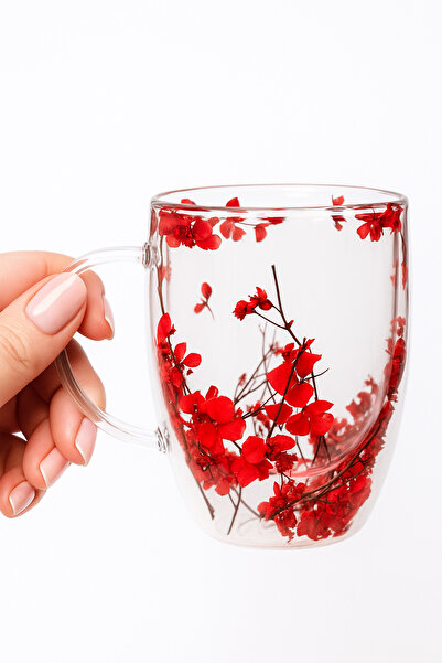 wei Double-walled glass mug with red dried flowers, 350 ml