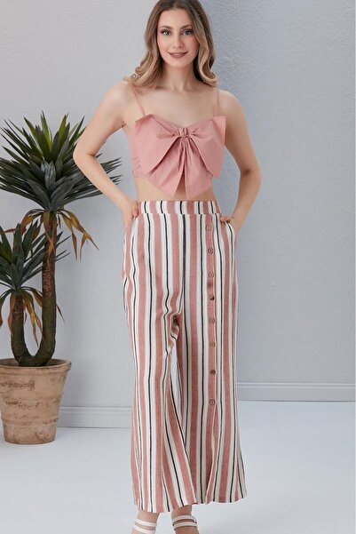 Alışveriş Sokağı Buttoned Design Pocketed Linen Trousers Khaki Color