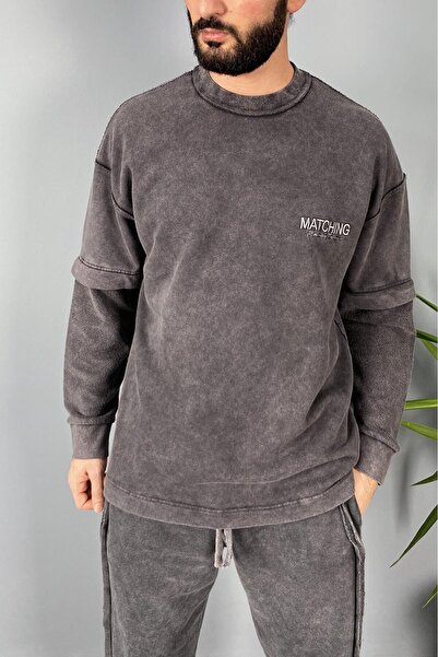 Alışveriş Sokağı Oversize Anthracite Washed Three Thread Tracksuit Set