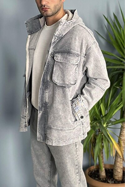 Alışveriş Sokağı Hooded Cargo Pocket Piece Gray Denim Jacket