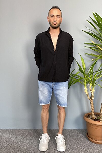 Alışveriş Sokağı Crinkle Fabric Oversized Soft Textured Blue Shirt