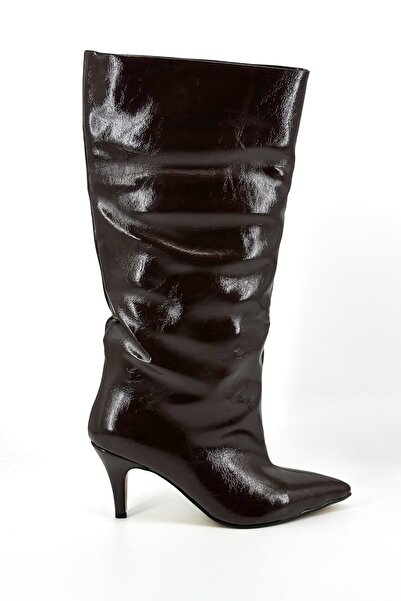 Shoebutik Yovana Bitter Brown Cracked Patent Leather Below-Knee Women's Heeled Boots