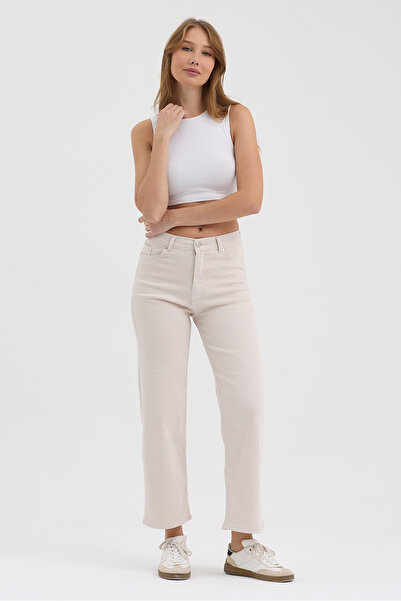 hateko Women's Hakan Jeans Flexible Wide Leg Ecru High Waist Denim Trousers