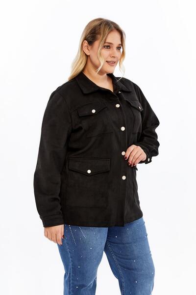 RMG Button Detailed Plus Size Suede Jacket Black