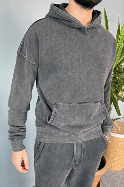Alışveriş Sokağı Hooded Anthracite Double Tracksuit with Kangaroo Pocket
