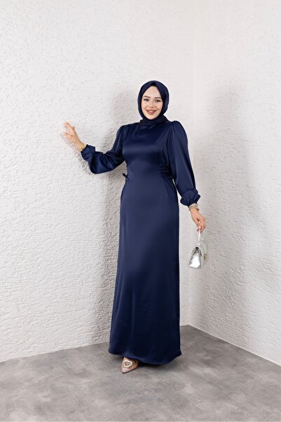 ModaMerve Beli Bağcıklı Saten Abiye LACİVERT