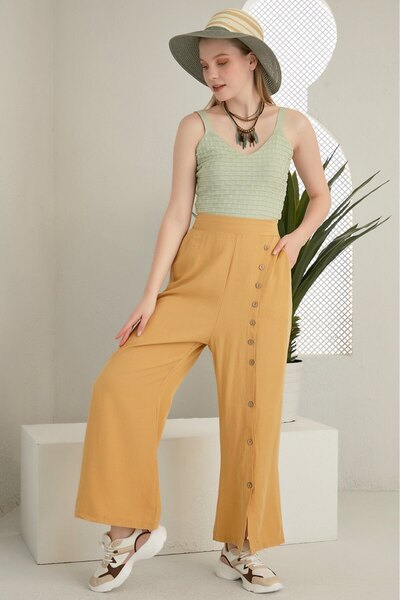 Alışveriş Sokağı Buttoned Design Pocketed Linen Trousers Khaki Color