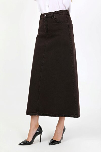 VELLICHOR High Waist A-Line Denim Skirt Brown
