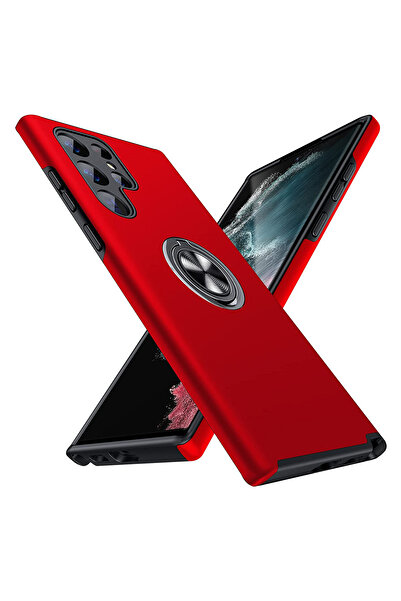 MobileSmart Case for Samsung Galaxy S22 ULTRA, Military Protection, 360° Kickstand Metal Ring, Shockproof, Red