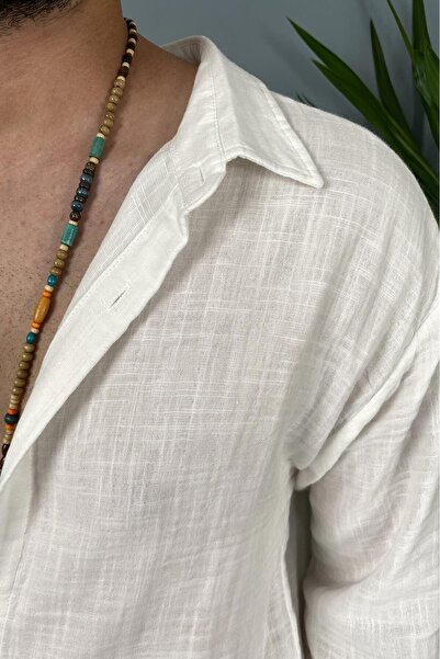 Alışveriş Sokağı Oversize Summer Ecru Muslin Fabric Shirt Trousers Double Set