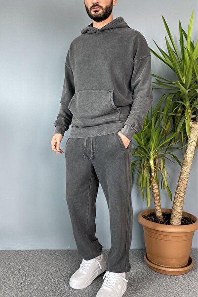 Alışveriş Sokağı Hooded Anthracite Double Tracksuit with Kangaroo Pocket