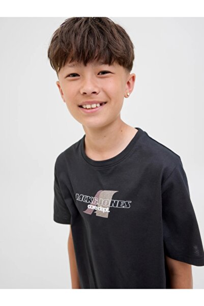 Jack & Jones Boys' crew neck T-shirt with logo print, Black