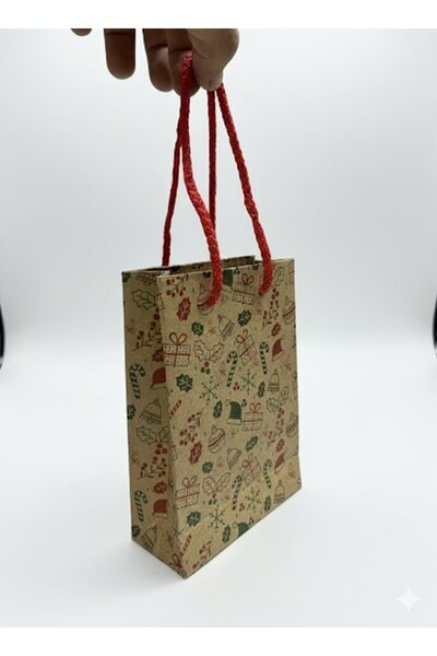 roco paper Yılbaşı Desenli Kraft Karton Çanta Seti - 6lı, Kırmızı Saplı Parti, Noel, Hediye Çantası, 12x17 Cm