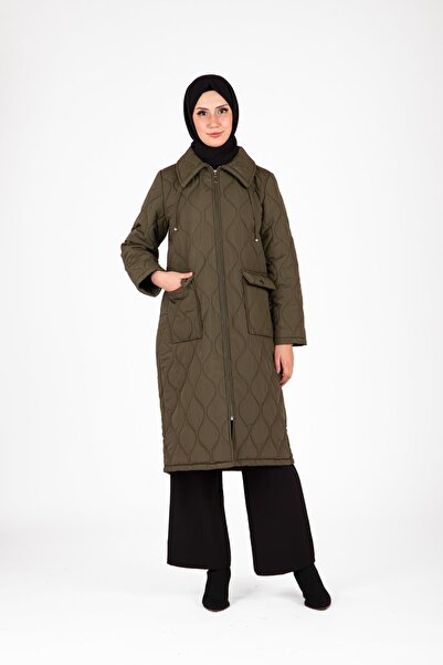Beyza Καπιτονέ Χακί Παλτό με Λεπτομέρεια Δαντέλας στο Γιακά 9519