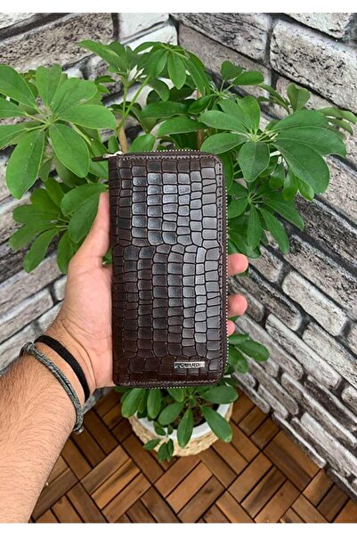 GUARD Brown Croco Printed Zippered Portfolio Wallet