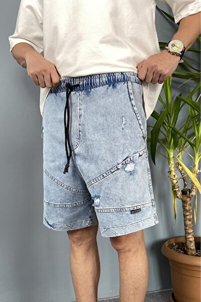Alışveriş Sokağı Blue Denim Shorts with Elastic Waist and Laces