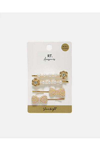 REDTAG Women Gold Embellished Hair Clip Set (4 Piece)
