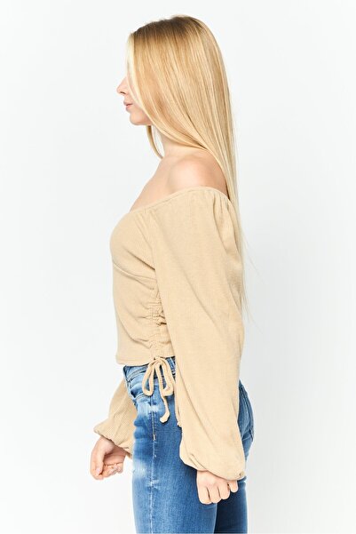 Poof Women Off Shoulder Long Sleeve Ribbed Blouse, Beige
